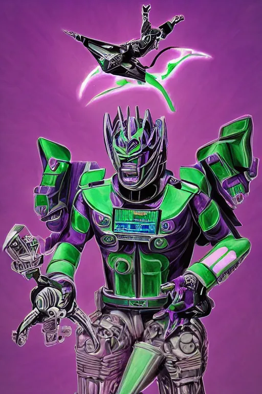 Image similar to portrait of cowboy johnny cash as purple green optimus prime power ranger from transformers surfing tonic stimulant fluids on air guitar zord UFO hoverboard, intricate, highly detailed, smooth, artstation, digital illustration by Lisa Frank and Ruan Jia and Mandy Jurgens and Artgerm and Wayne Barlowe and Greg Rutkowski and Zdislav Beksinski