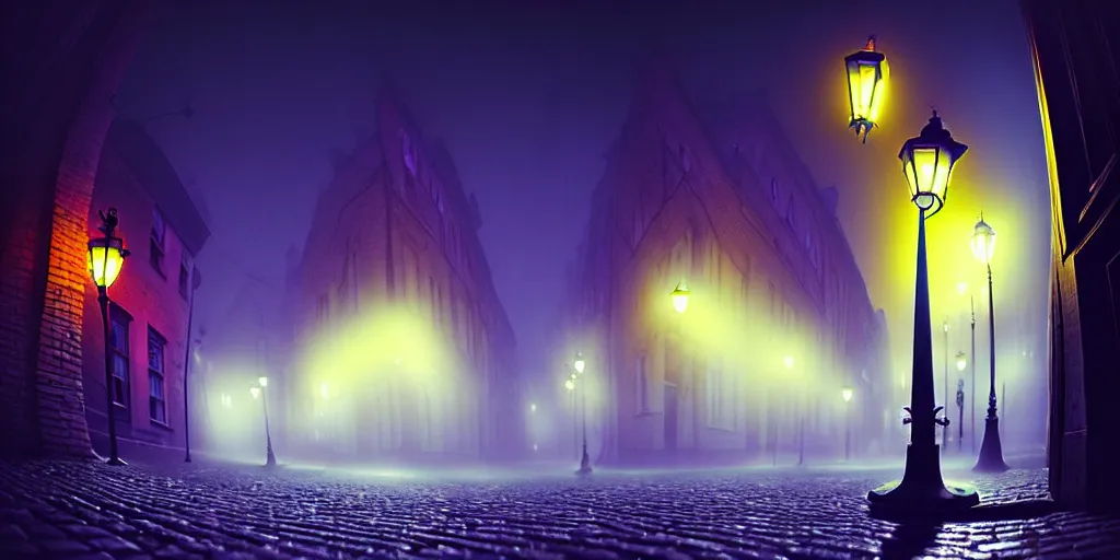 Prompt: curved perspective, extreme narrow, extreme fisheye, digital art of a night foggy street with victorian street lamps over cobblestone floor by anton fadeev from nightmare before christmas