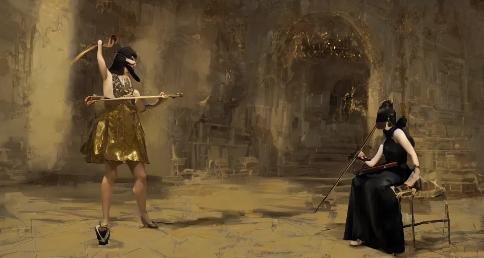 Image similar to craig mullins and ghibli digital art of on the stage of the theater, a masked female violinist performs alone, dressed in exotic costumes, gold jewelry, and black hair realistic shading, cinematic composition, realistic render, octane render, detailed textures, photorealistic, wide shot