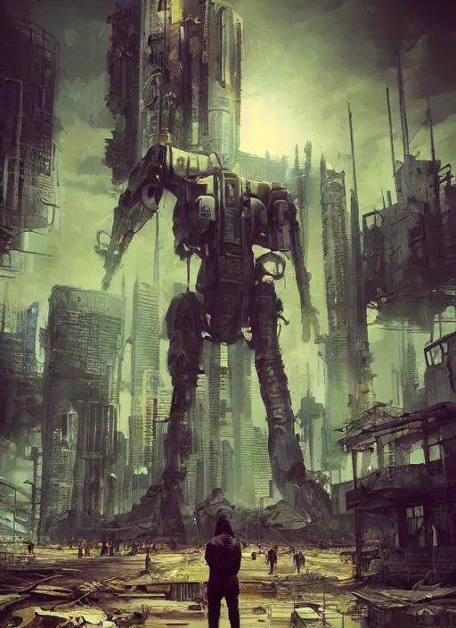 Image similar to a painting of a giant robot standing in front of a post apocalyptic city ruins, cyberpunk art by beeple, artstation hd, nuclear art, dystopian art, apocalypse art, sci - fi