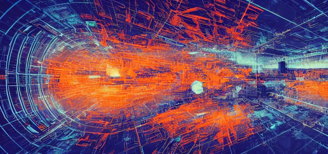 Prompt: sci - fi mothership interior or exteror - machinery, tubes wires path intricate matte painting masterpiece orange blue warm tones quiet