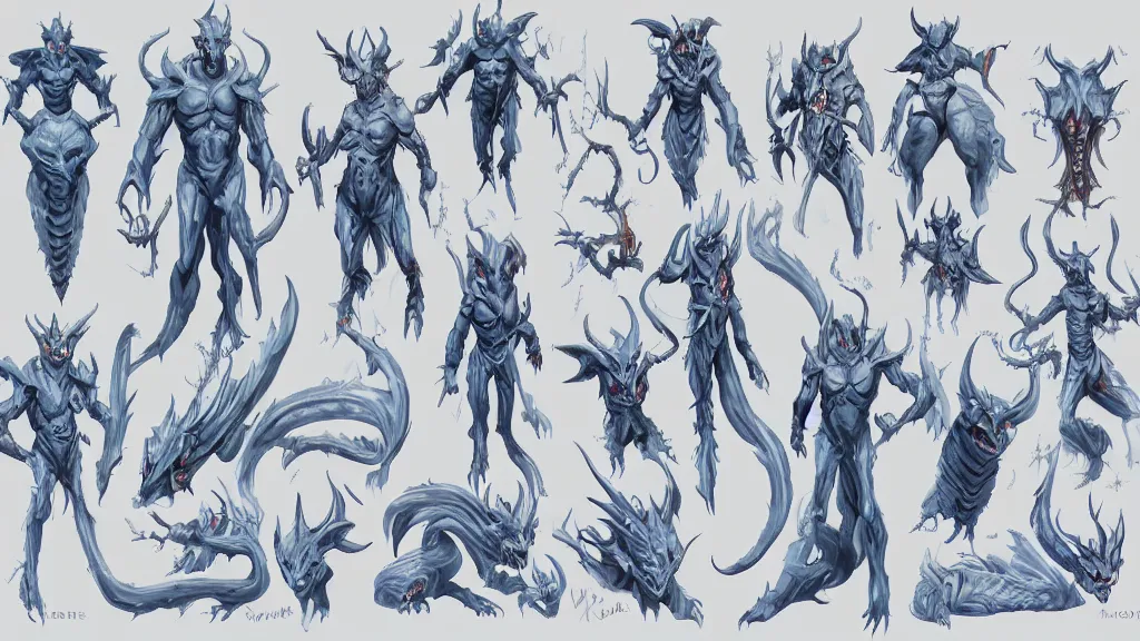 Image similar to a fantasy white and pale blue draconian demon with bright eyes character design sheet, trending on artstation