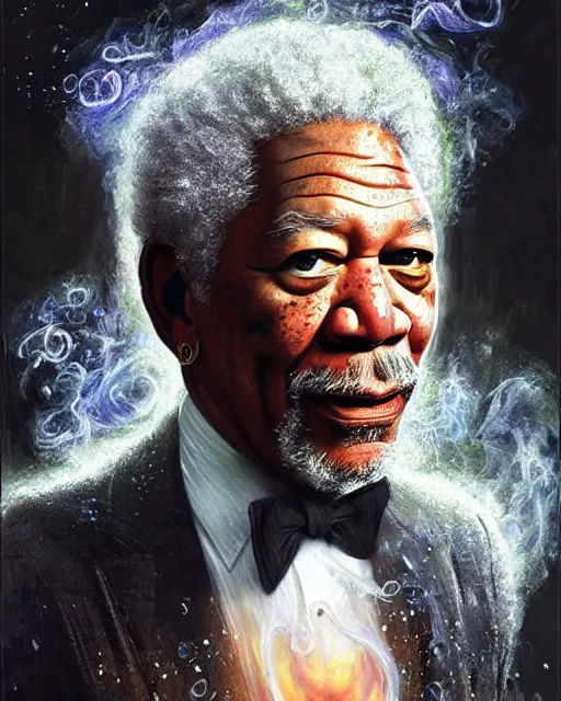 Image similar to a highly detailed portrait of Morgan Freeman as a devious male magician radiating a powerful energy aura, ornate back tuxedo, wispy tendrils of smoke, swirling vortex of energy, performance art, intricate, digital painting, old english, raining, sepia, particles floating, whimsical background by marc simonetti, art by artgerm and greg rutkowski and alphonse mucha