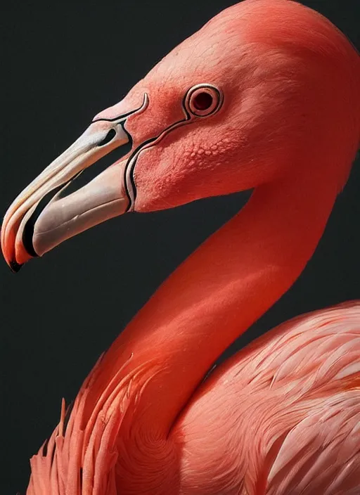 Image similar to portrait of a flamingo with translucent skin, visible muscles and veins and arteries and bones and spines and nerves, beautiful detailed intricate insanely detailed octane render, 8k artistic photography, photorealistic, chiaroscuro, by David Cronenberg, Raphael, Caravaggio