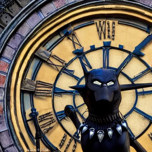 Image similar to A detailed film still of Kaley Cuoco under the Eastgate clock in Chester. Behind her we see a black panther. 70mm