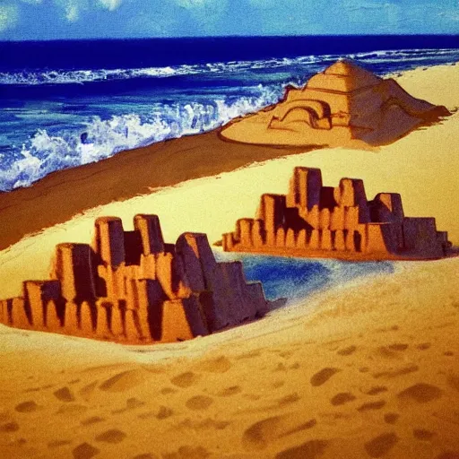 Prompt: sand castles by the sea, by bob ross,