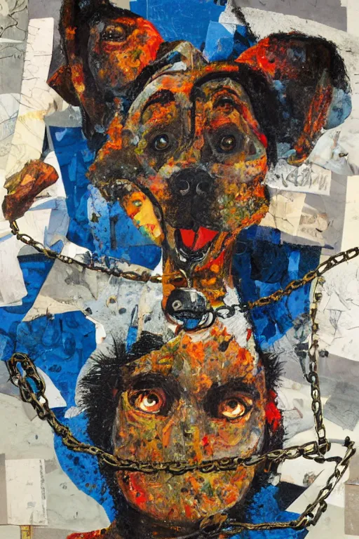 Image similar to mad dog on a chain, collage, acrylic on canvas, expressionism movement, breathtaking detailed, by blake neubert