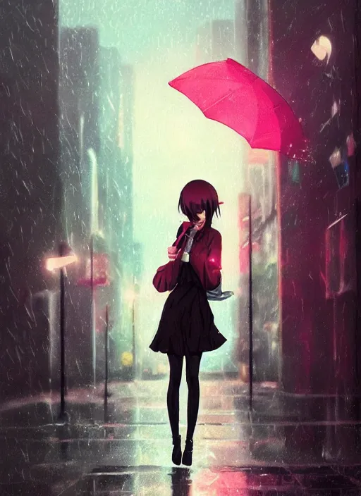 Image similar to listening to music at 2 am, night, pretty girl, pose, rain, lofi, lofi, peaceful, street light, anime key visual, poster, anime, by wlop, high quality, 4 k, trending, trending on artstation