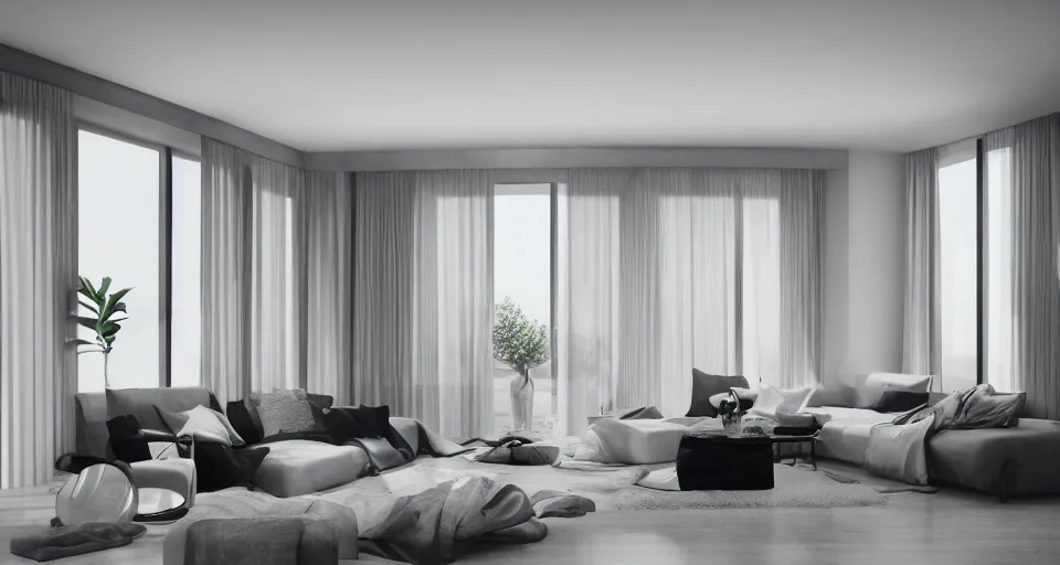 Prompt: interior living room, ceiling to floor windows, no curtains, plush furnishings, modern, minimalism, morning light, dramatic, unreal render, award winning photograph, symmetrical, highly detailed