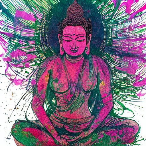 Prompt: contented female bodhisattva, praying meditating, portrait illustration by Carne Griffiths