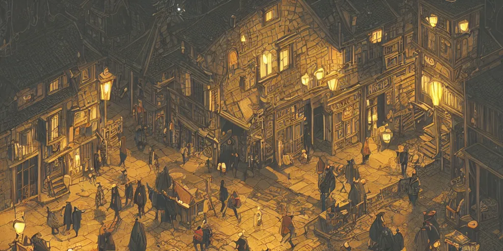 Image similar to isometric view illustration of a medieval village street corner, highly detailed, dark, gritty, at night, glowing lamps scattered around, dreamy lighting, by Victo Ngai