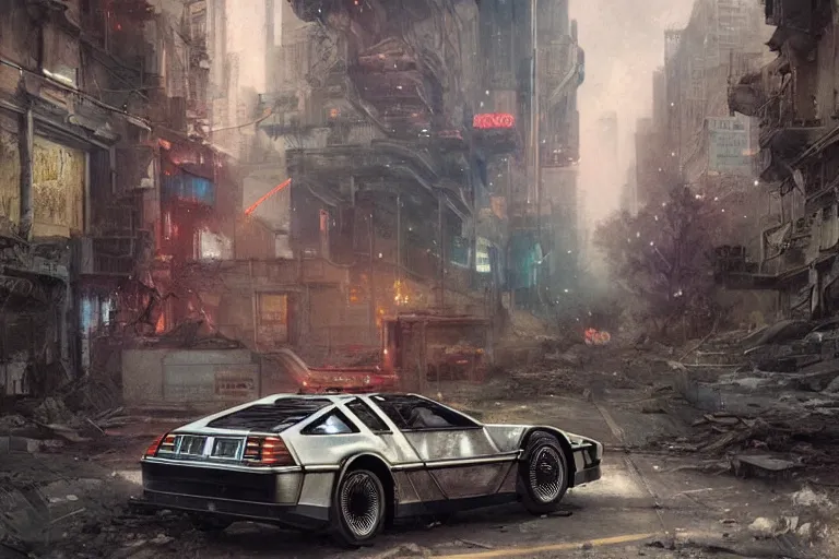 Image similar to photograph of the delorean driving down the streets of a cyberpunk abandoned city, by greg rutkowski, by stanley artgerm, by alphonse mucha