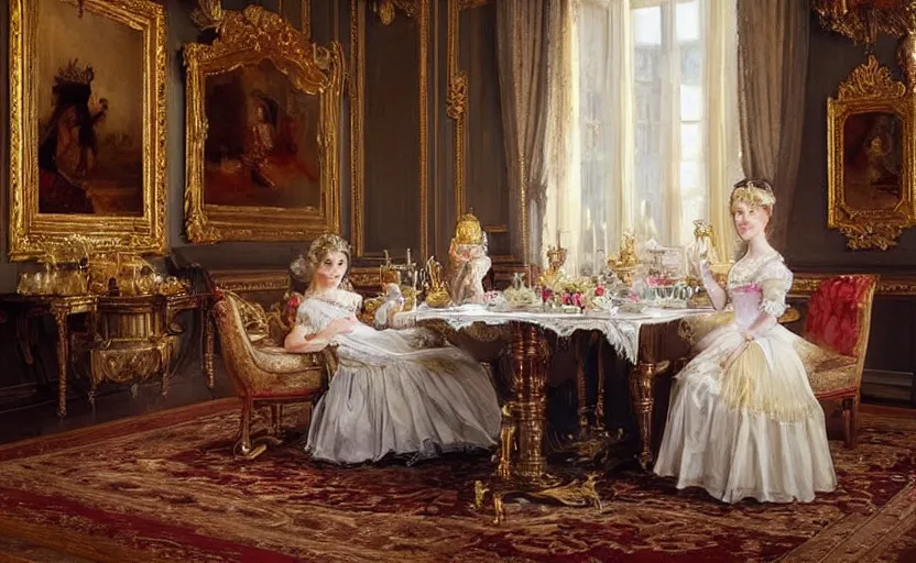 Image similar to Young victorian princess drinking tea on the royal palace dining room. By Konstantin Razumov, highly detailded