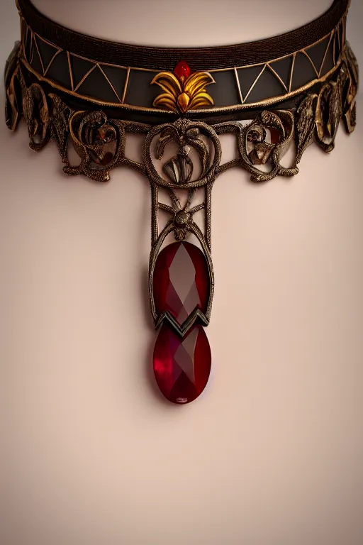 Prompt: historical, art nouveau, deep red gemstone neck choker, glowing inside, octane render, realistic, dramatic light, 3 d, photograph 4 k,