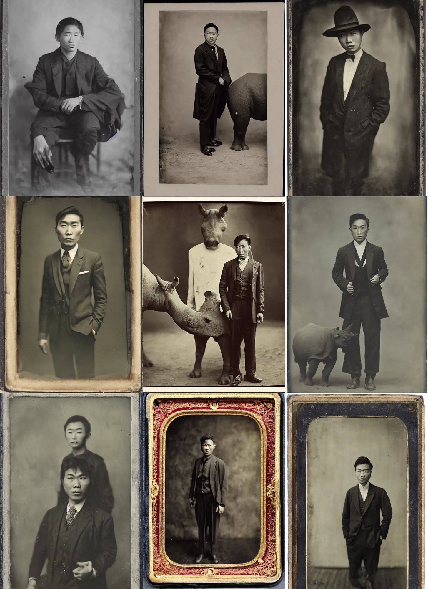 Prompt: wet plate photography young asian man in black suit, rhinoceros in background