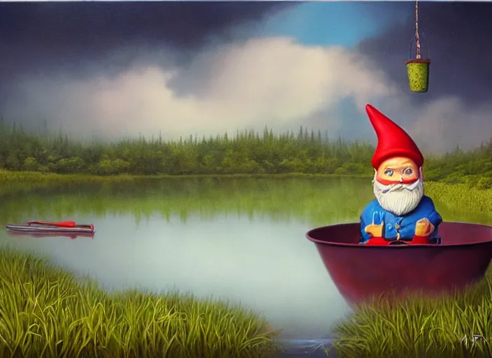 Image similar to a garden gnome sailing in a bucket, background of a reflective pond on a sunny day with dramatic clouds, an ultrafine detailed painting by mark ryden, trending on deviantart, pop surrealism, whimsical, lowbrow, joyous, perfect symmetrical face