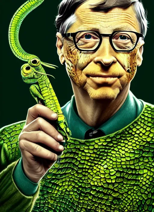 Prompt: bill gates as a reptile with green scales and yellow vertical pupills!!!, holding a syringe!!, portrait, intricate, elegant, highly detailed, digital painting, artstation, concept art, wallpaper, smooth, sharp focus, illustration, art by h. r. giger and artgerm and greg rutkowski and alphonse mucha