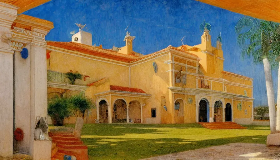 Prompt: a 1 9 9 8 southern brazil palace!!! costa blanca, designed by arnold bocklin, bispo do rosario, jules bastien - lepage, tarsila do amaral, arthur and gustave baumann, cheval michael, warm, mediterranean, star, sharp focus, colorful refracted sparkles and lines, soft light, 8 k 4 k