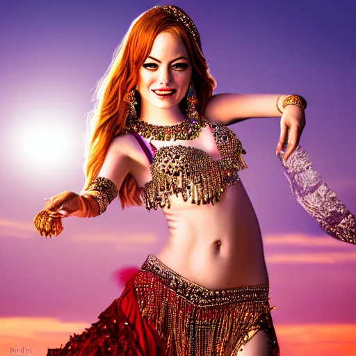 Image similar to a portrait of emma stone dressed as a belly dancer, arabian night, high quality, fully detailed, 4 k, in focus face with fine details, realistic hand details and anatomy