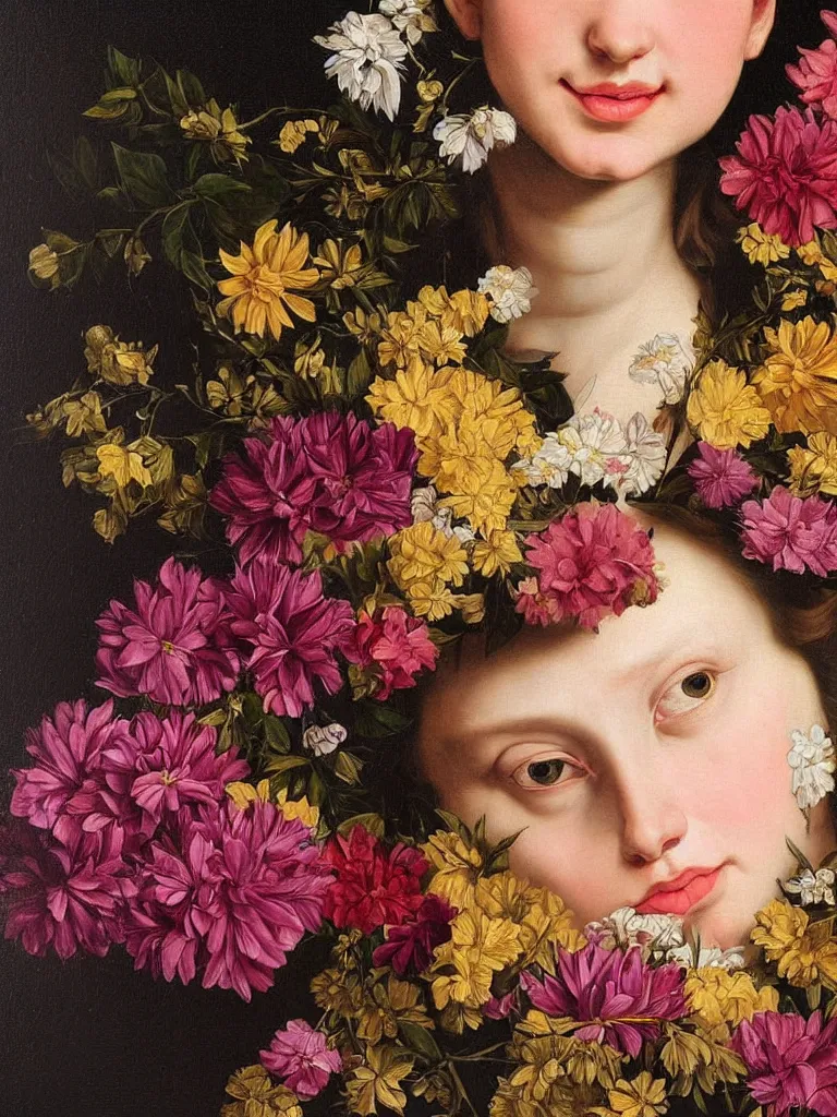 Image similar to hyperrealistic still life painting of a woman's face made of flowers that is smiling, by Caravaggio, botanical print, surrealism, vivid colors, serene, golden ratio,