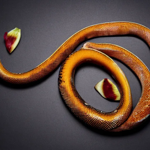 Image similar to award winning studio photography of a snake. weird fruit, studio lighting, solid background