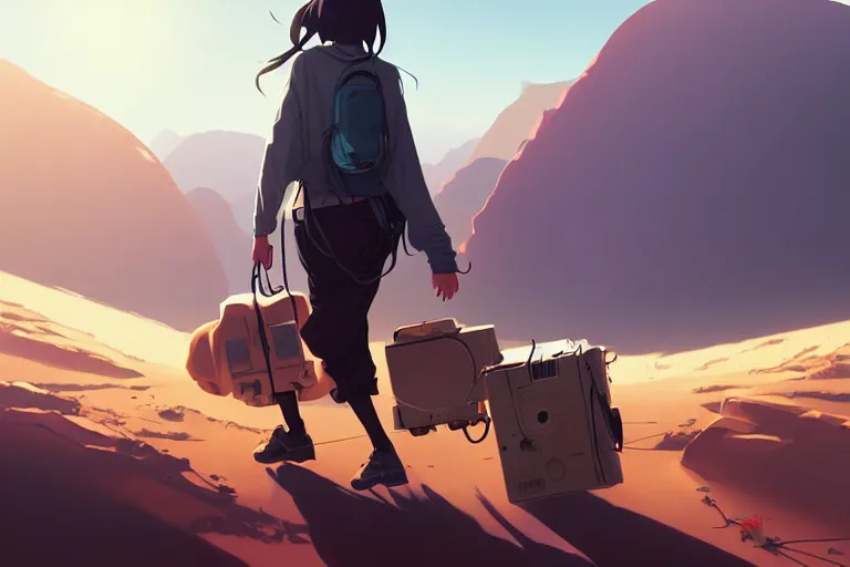 Image similar to computer programmer lost in the desert, dragging a broken computer, single subject, mountaineous background, scenic full shot, ambient lighting, detailed face, by makoto shinkai, stanley artgerm lau, wlop, rossdraws