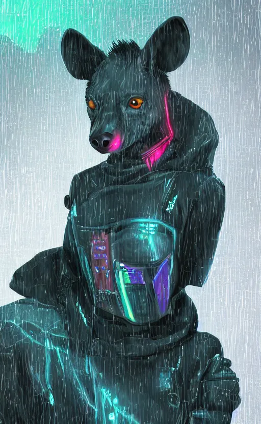 Image similar to digital painting of anthromorphic hyena female, fursona, furry fandom, neon rainy cyberpunk setting, anthro, wearing cyberpunk leather jacket, detailed face,