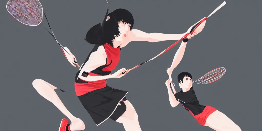 Image similar to illustration of a badminton, realistic body poses, badminton rackets, badminton birdies, by ilya kuvshinov katsuhiro otomo