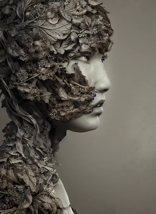 Prompt: a woman's face in profile, made of leaf skeletons, in the style of the Dutch masters and Gregory Crewdson, dark and moody intricate traditional Chinese textures, rococo decorations, hyper detail, Unreal engine,Octane render, by Karol Bak