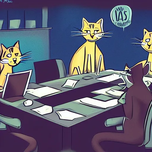 Prompt: cats at a bussiness meeting, digital art, comic book art