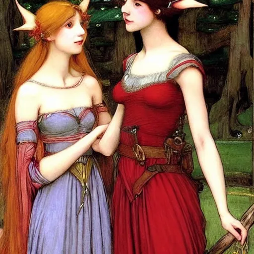 Prompt: two very very very beautiful elf princesses embracing, wearing dresses, eye contact, flirty, smiling, perfect face, perfect body, drawn by john william waterhouse