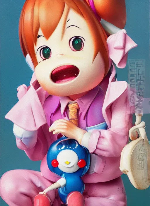 Prompt: a hyperrealistic oil panting of a looney kawaii vocaloid figurine caricature with a big dumb goofy grin, rosy cheeks with freckles, and pretty sparkling anime eyes featured on Wallace and Gromit by norman rockwell