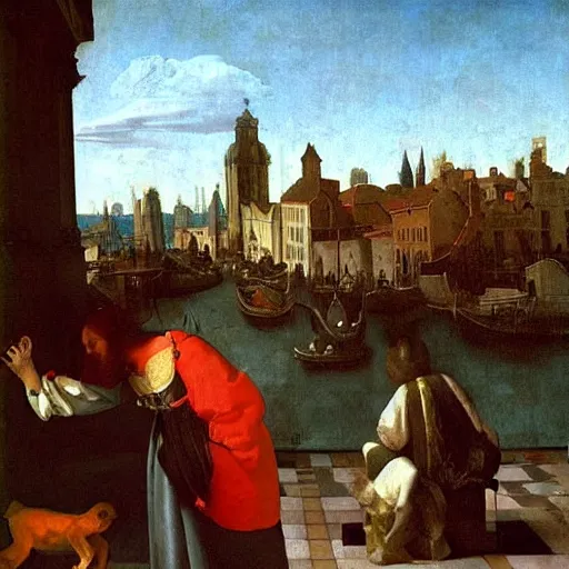 Prompt: Renaissance painting of living Gargoyle, detailed, horror, medieval port city backround, centered, Art by Vermeer