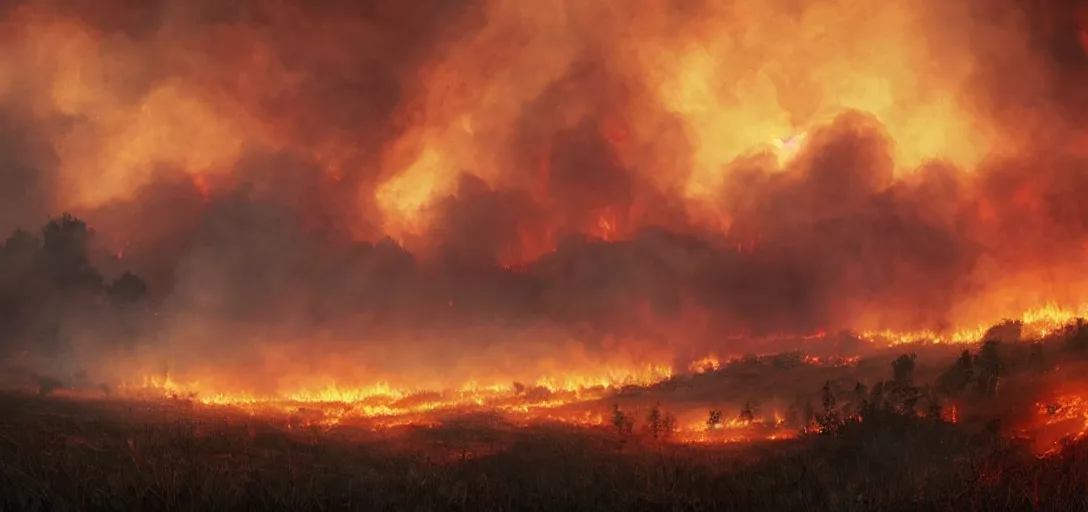 Prompt: full portrait of a forest fire on the horizon, inferno, smoke, flames, dark, gloomy, horror, screaming, a small farm is burning in the distance, insanely detailed, photorealistic, cinematic, dramatic lighting,