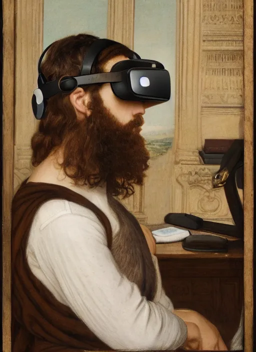 Image similar to Pre-Raphaelite portrait of a young beautiful brown-haired bearded male sitting in office wearing vr-headset