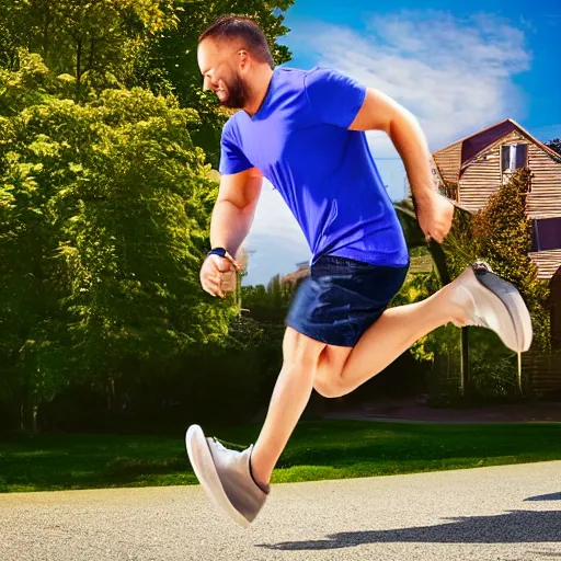 Prompt: a house guy is running with his little leg