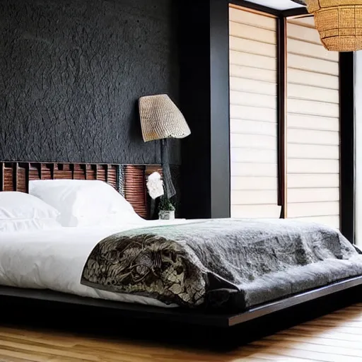 Prompt: bedroom, stone, interior design, stylish luxury hotel bedroom design, yakisugi, black vertical slatted timber, textures, feminine, black walls, art, Japanese pottery vase with flowers, Japanese influences