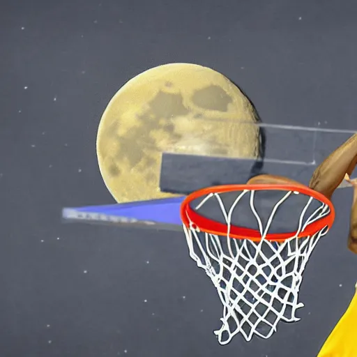 Prompt: a basketball player dunking the moon