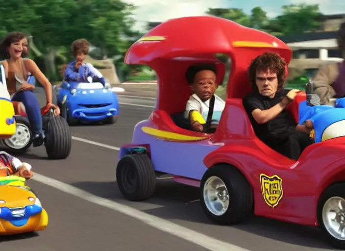 Image similar to peter dinklage racing gary coleman driving a little tikes cars, movie still, from the new fast and furious movie, 8 k, realistic