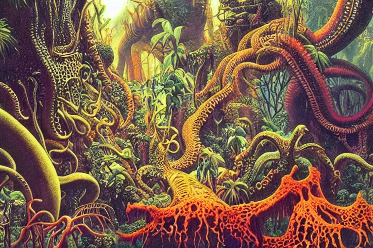 Prompt: lovecraftian jungles, another world by Roger Dean and Ernst Haeckel