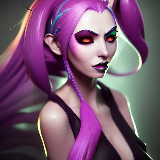 Image similar to Portrait of jinx from league of legends, anger, mystery, fear, highly detailed, beautiful, ominous vibe, smoke, octane render, cgsociety, artstation, trending on ArtStation, by Marie Magny