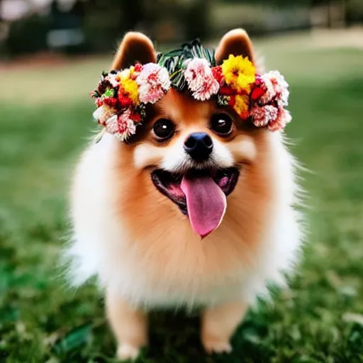 Prompt: a pomeranian wearing a flower crown, tongue out, looking at the camera, instagram photo, filter