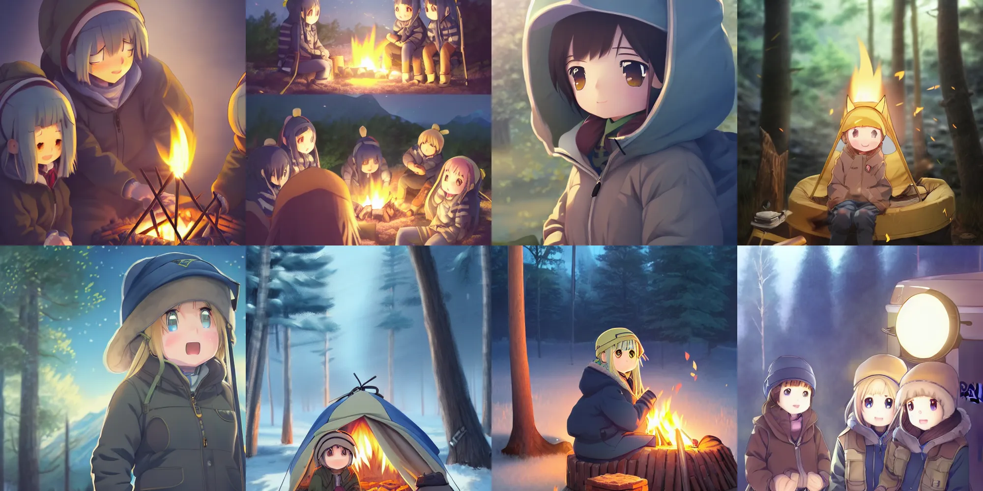 Prompt: yuru camp anime campfire extremely detailed blue eyes, trending on artstation, cute and beautiful, cinematic lighting, highly realistically detailed, trending on pixiv , Unreal Engine 4k, detailed faces, manga cover, official anime key visual by JeongSeok Lee