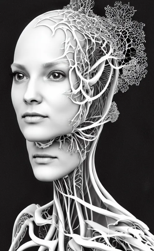 Image similar to a black and white 3D render of a beautiful profile face portrait of a female vegetal-dragon-cyborg, 150 mm, orchids, fine lace, Mandelbrot fractal, anatomical, flesh, facial muscles, wires, microchip, veins, arteries, full frame, microscopic, elegant, highly detailed, flesh ornate, elegant, high fashion, rim light, octane render in the style of H.R. Giger and Man Ray