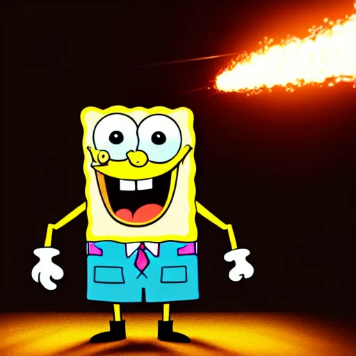 Image similar to high detail full body shot of spongebob squarepants shooting a machine gun with muzzle flash, cinematic framing, cinematic light, hard shadows,