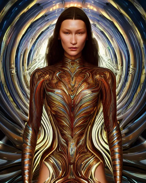 Prompt: a highly detailed metahuman 8 k close up render of bella hadid as alex grey art renaissance in iris van herpen dress in style of gustav klimt trending on artstation made in unreal engine 4