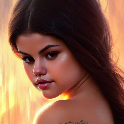 Image similar to beautiful portrait of selena gomez, natural beauty expressive pose, fantasy, intricate, elegant, highly detailed, digital painting, artstation, concept art, smooth, sharp focus, illustration, art by artgerm and greg rutkowski and alphonse mucha