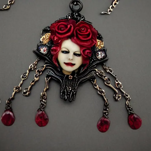 Image similar to vampire queen on throne with burgundy roses and holes with gemstones as an artnouveau necklace
