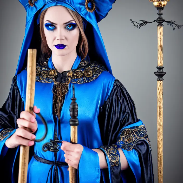 Prompt: photograph of a real-life beautiful electric witch with ornate blue robes and staff. Extremely detailed. 8k