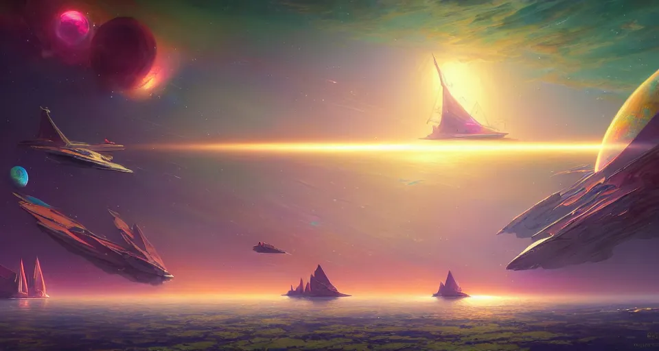 Prompt: big starships entering a colorful planet, digital painting, artstation, concept art, smooth, sharp focus, illustration, intricate, elegant, highly detailed, in the style of greg rutkowski and alphonse mucha and artemisia, 8 k, highly detailed, jurgens, rutkowski